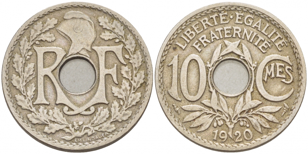 ФРАНЦИЯ 10 САНТИМОВ 1920 ТИП ЛИНДАЙЁ KM 886а медно-никель 33-1133