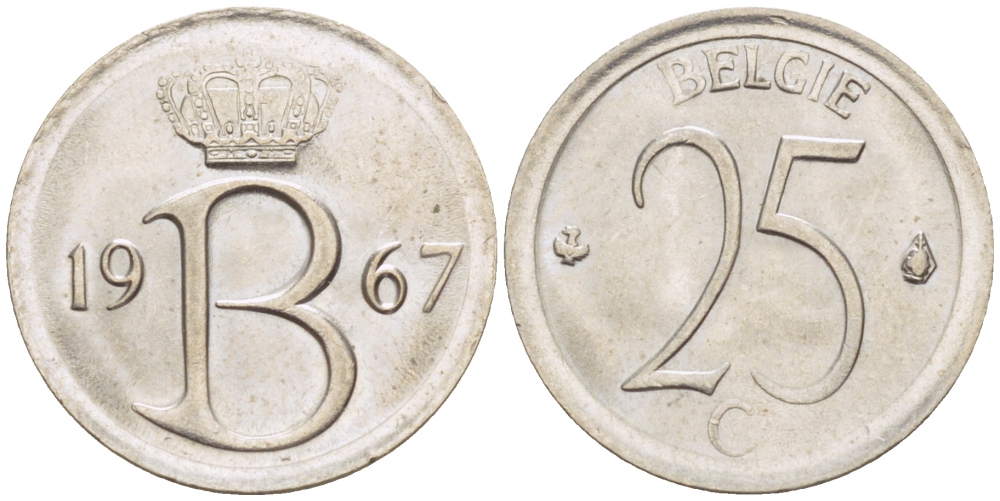 Бельгия 25 сантимов 1967 Belgie, Бодуэн I (1951-1993) KM 154.1 медно-никель UNC 3996-1259