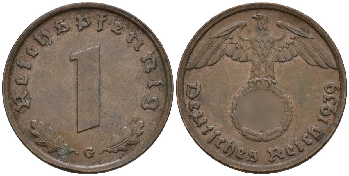 Германия 1 рейхспфенниг 1939 G KM 89, J. 361 бронза 4147-1224