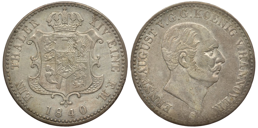 БРАУНШВЕЙГ-КАЛЕНБЕРГ-ГАННОВЕР 1 ТАЛЕР 1840 S, редкий КМ 193, Jaeger 68 Thun 161 AKS 103 Kahnt 229 серебро 00-000-00