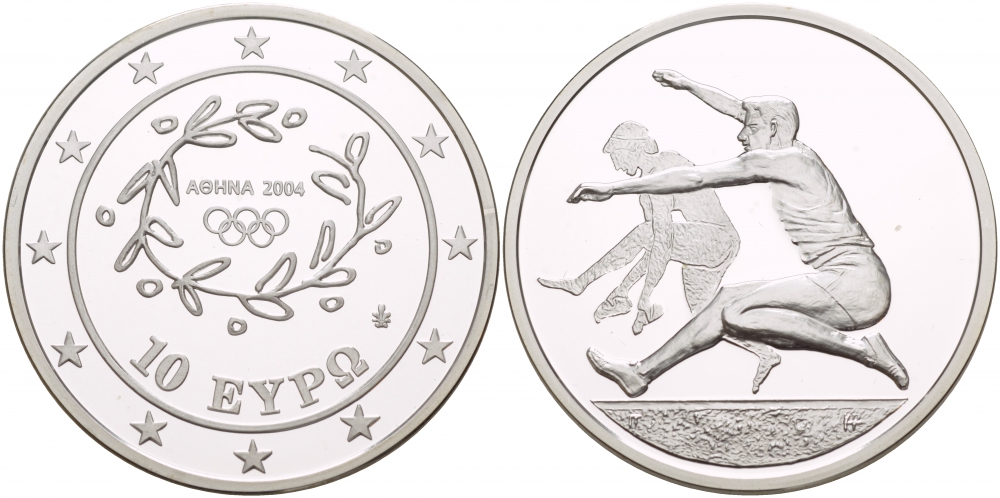 Греция 10 евро 2003 XXVIII летние Олимпийские игры 2004 года в Афинах, прыжки в длину KM 194 серебро PROOF 1088-4-21