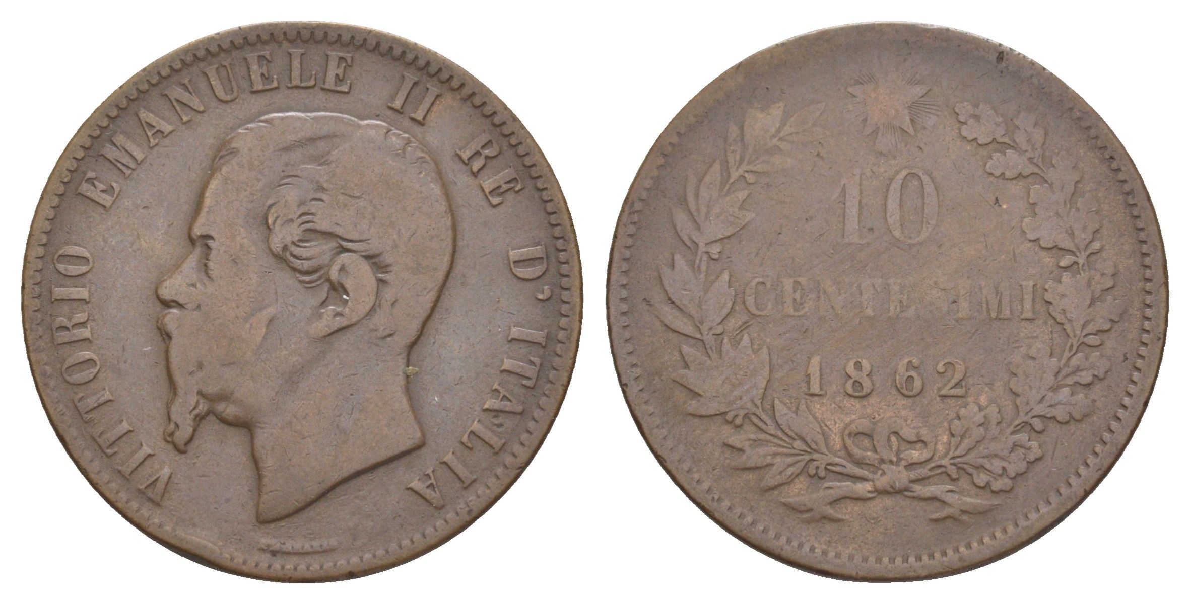 Италия 10 чентезимо 1862 М, Виктор Эммануил II (1861-1878) KM 11 медь 4185-225