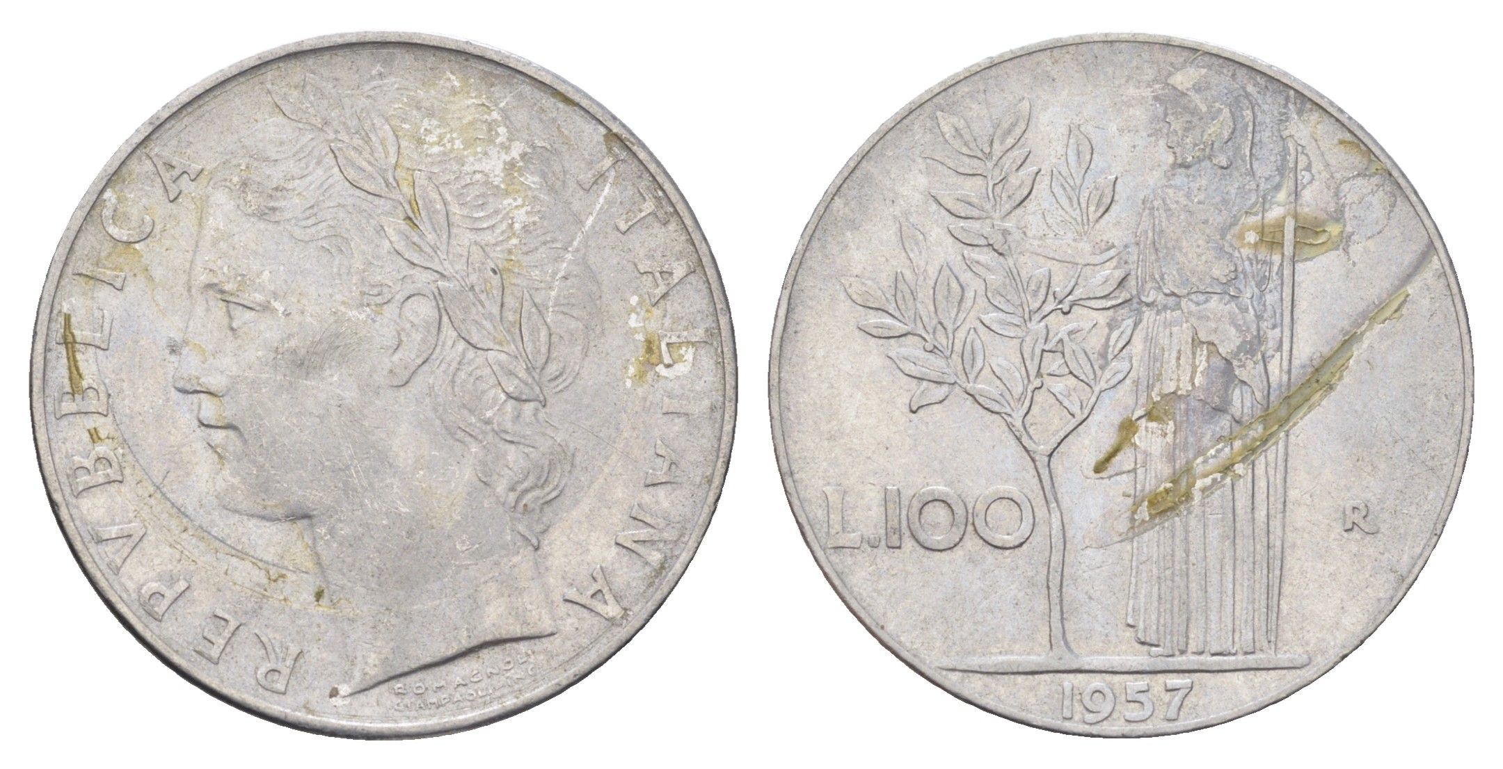 Италия 100 лир 1957 R, Афина в доспехах KM 96.1 нержавеющая сталь 4704-657