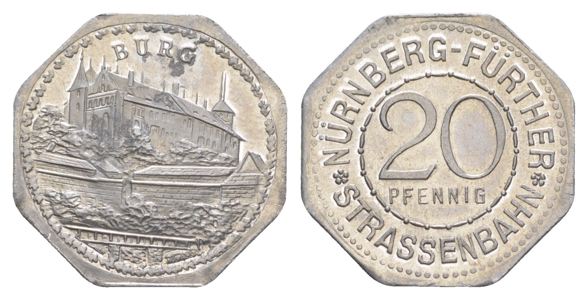 Нюрнберг трамвайный (транспортный) жетон в 20 пфеннигов ND (1920-1921) башня Men05 19256.6, Men18 24102.6 алюминий UNC 4638-241