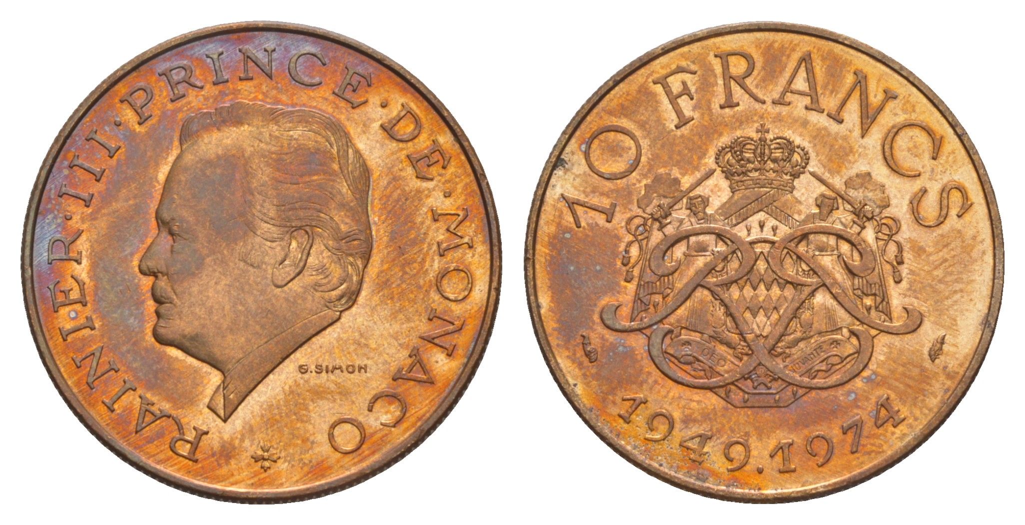 Монако 10 франков 1974 25 лет правления Князя Ренье III KM 151 медь алюминий никель UNC 1527-1114