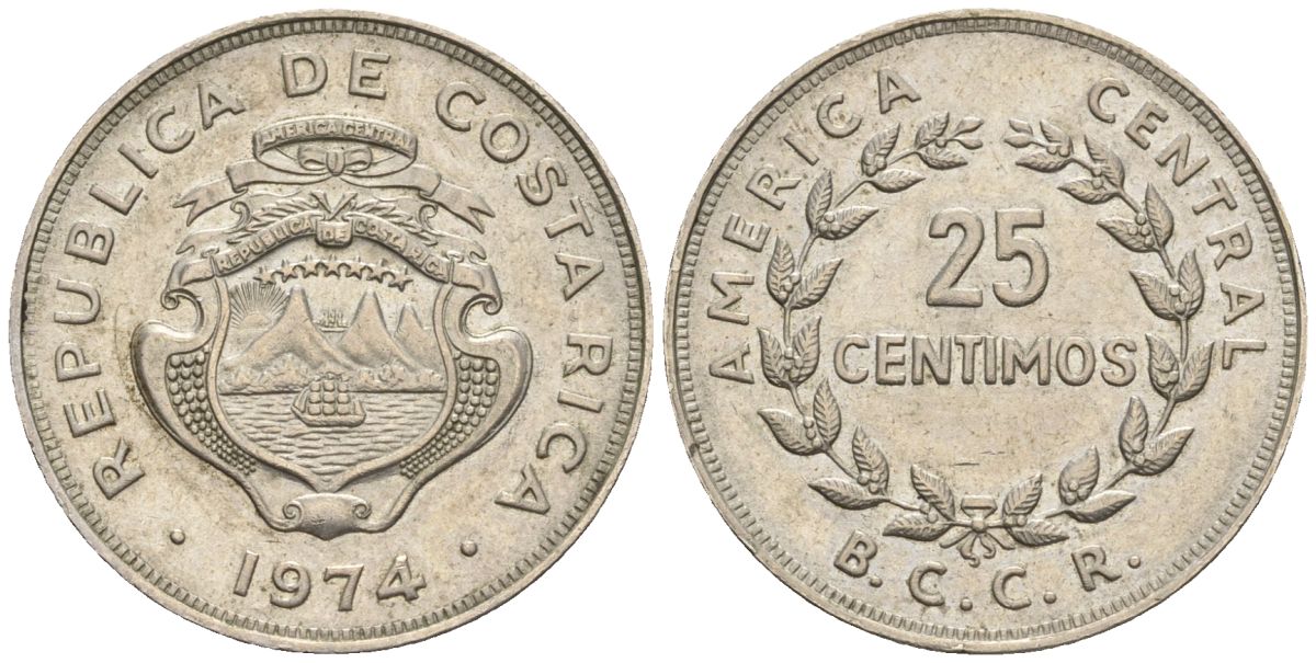 Коста-Рика 25 сентимо 1974 KM 188.1, Schoen 43 медно-никель 4116-844