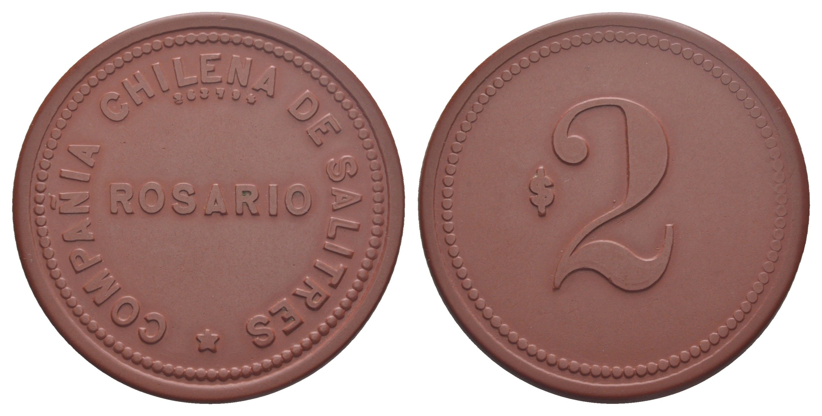 Чили, Росарио (Rosario), Тарапака шахтерский жетон с Селитряного рудника для покупки в местных магазинах, номиналом в 2 песо 1880-1920 диаметр 45 мм, вес 7,04 гр Espinosa 253.6 эбонит (красный) 01-238-41