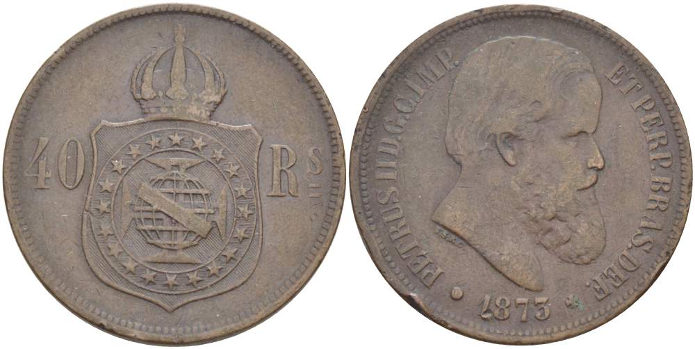 БРАЗИЛИЯ 40 РЕЙС 1873 ПЕДРО II (1831-1889) KM 479 бронза 4517-1143