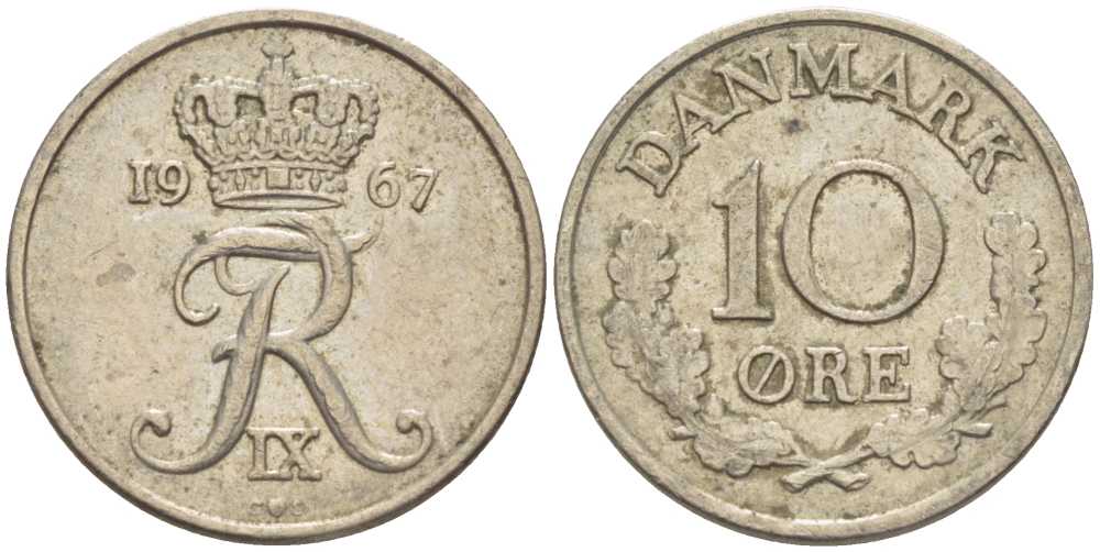 Дания 10 эре 1967 C; S, Фредерик IX (1947-1972) KM 849.1 медно-никель 4387-969