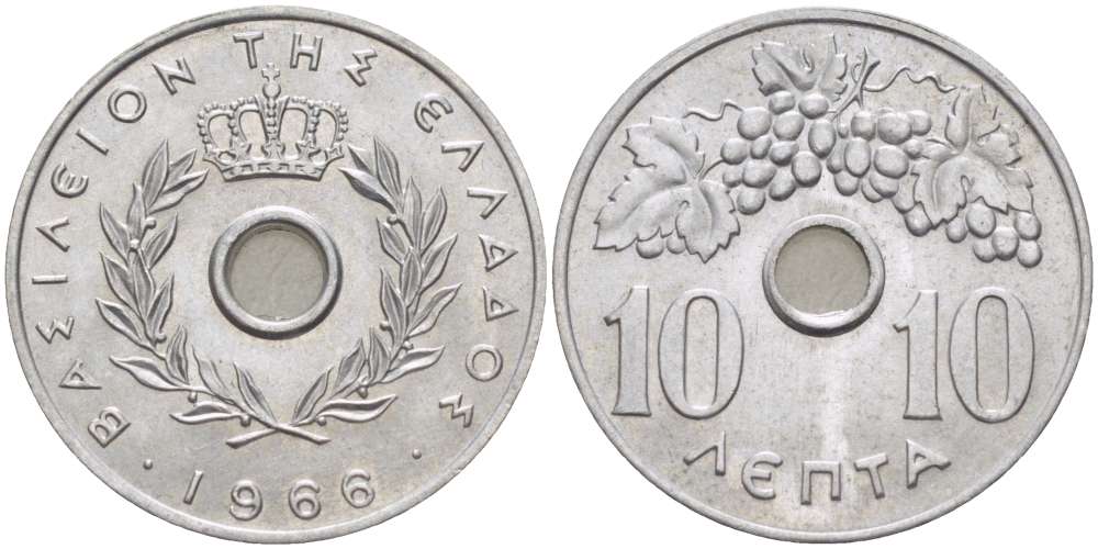 ГРЕЦИЯ 10 ЛЕПТА 1966 ПАВЕЛ I (1947-1964), ВИНОГРАДНАЯ ГРОЗДЬ KM 78 алюминий UNC 4182-1054