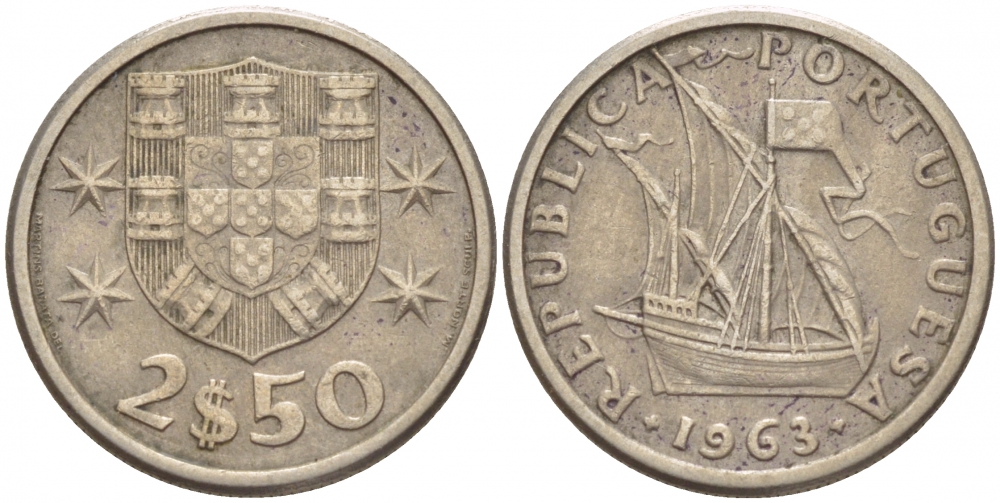 Португалия 2,5 эскудо 1963 парусник KM 590 медно-никель 4547-867