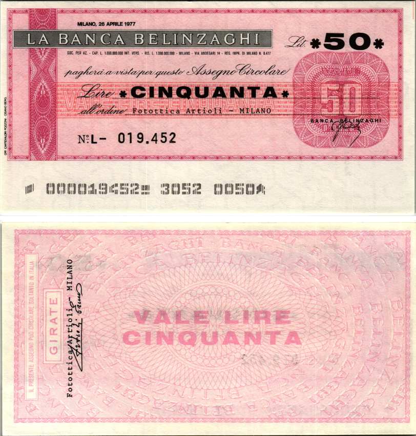 Италия 50 лир 1977 26 апреля 1977 La Banca belinzaghi, Milano бумага UNC (пресс) 7220-64-3-1