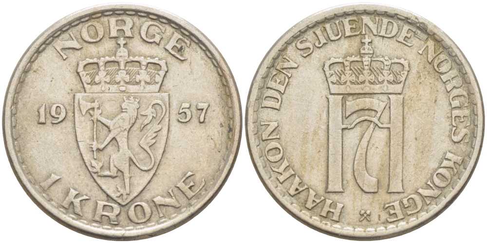 НОРВЕГИЯ 1 КРОНА 1957 ХАКОН VII (1905-1957) KM 397 медно-никель 213-721