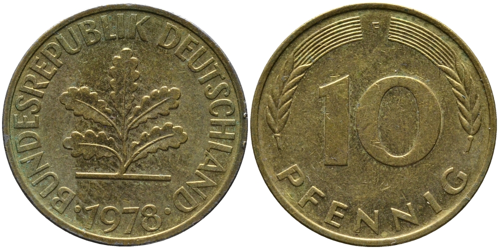 ФРГ 10 ПФЕННИГОВ 1978 F KM 108, J.383 сталь плакированная латунью 98-522