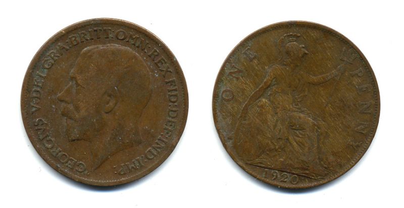 Великобритания 1 пенни 1920 Георг V (1910-1936) КМ 810, Spink 4051 бронза 47-444