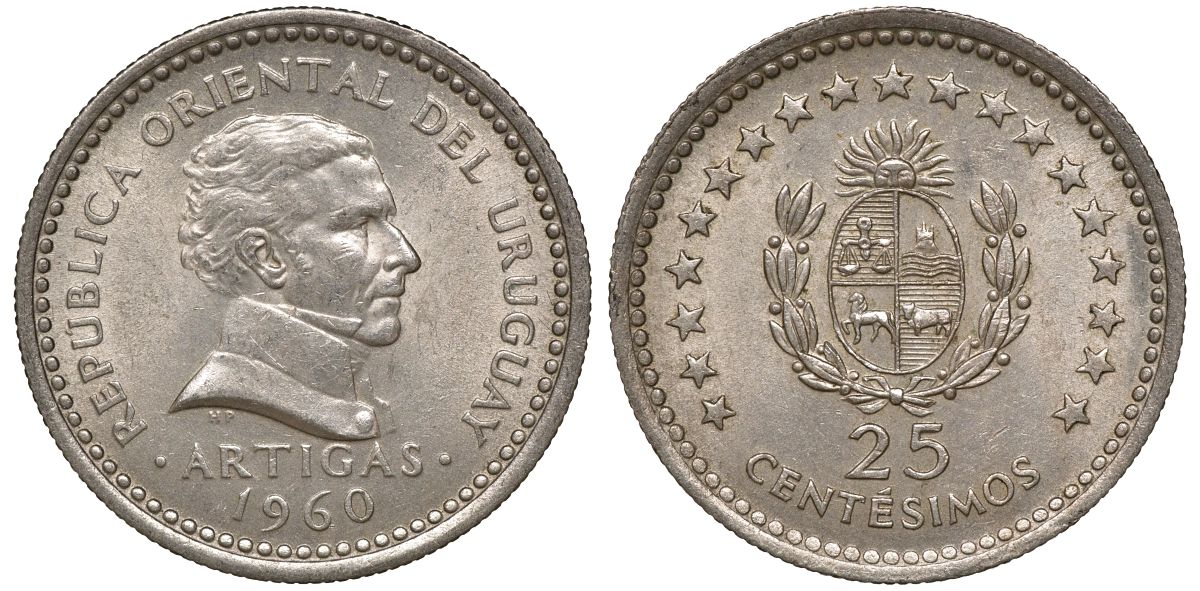 Уругвай 25 сентесимо 1960 KM 40 медно-никель 4169-1017