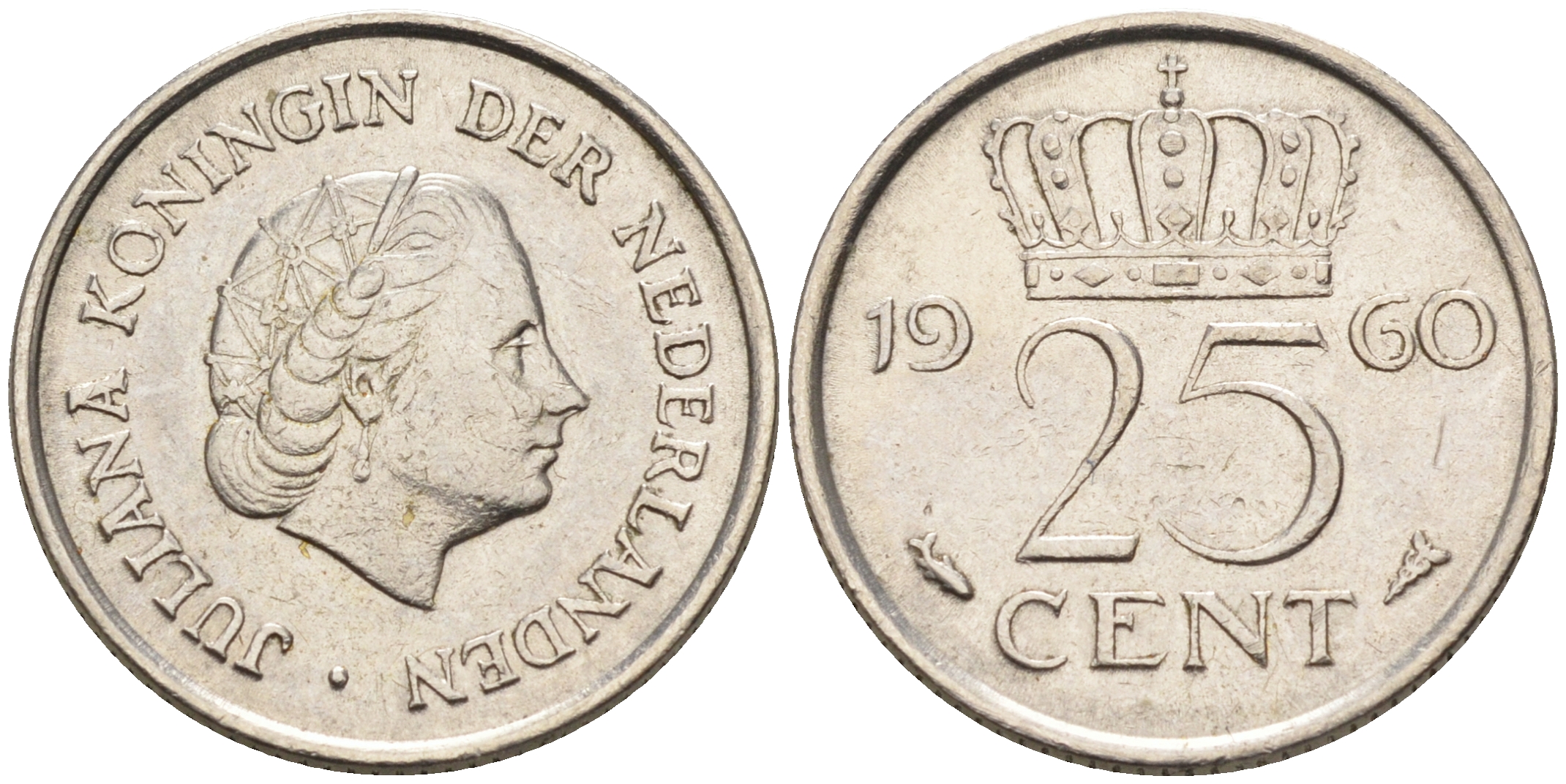 Нидерланды 25 центов 1960 Юлиана (1949-1980) KM 183 никель    4174-647