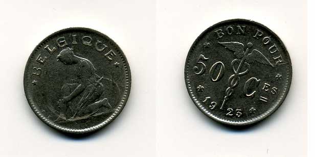 БЕЛЬГИЯ 50 САНТИМОВ 1923 BELGIQUE KM 87 никель 46-244
