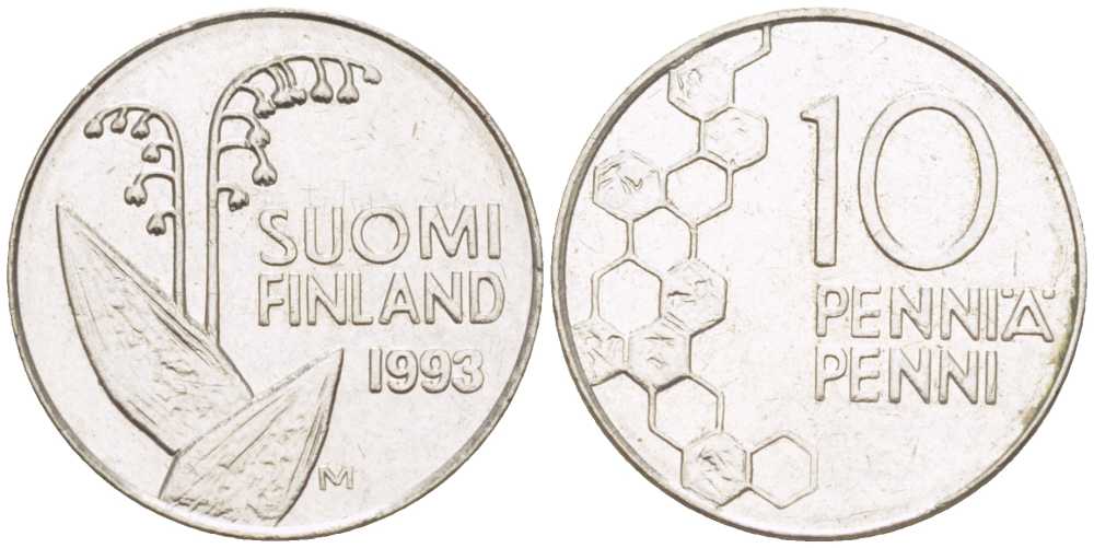 ФИНЛЯНДИЯ 10 ПЕННИ 1993 М, ЛАНДЫШ KM 65 медно-никель 214-567