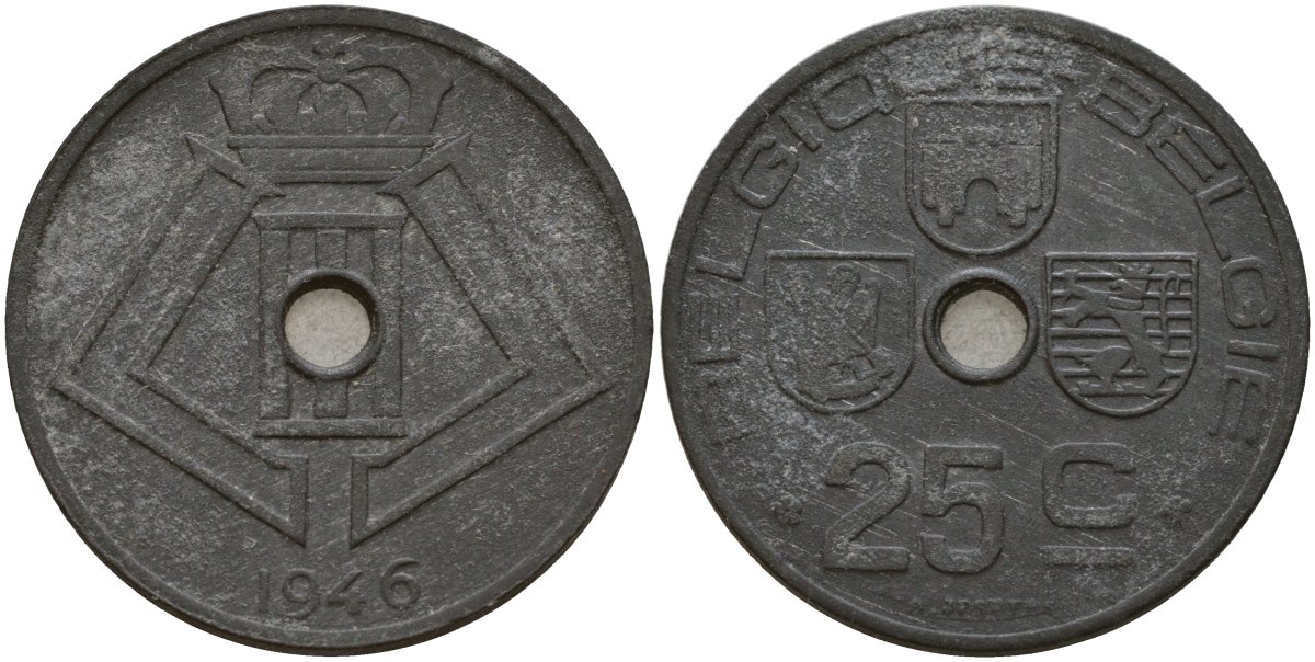 Бельгия 25 сантимов 1946 Belgique - Belgie, Леопольд III (1934-1947), германская оккупация, Вторая мировая война KM 131 цинк 4157-514