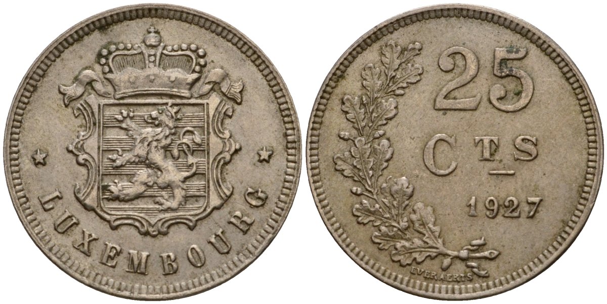 Люксембург 25 сантимов 1927 Шарлотта (1918-1964) KM 37 медно-никель 4122-433