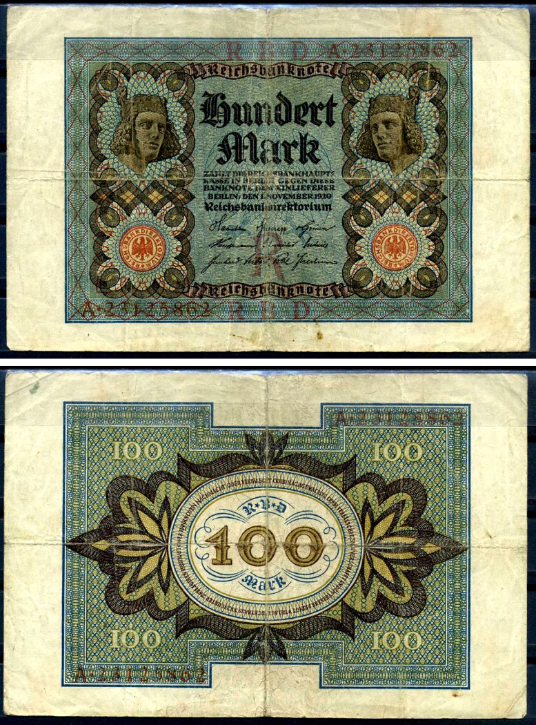 Германия 100 марок 1920 Бамбергский всадник, 8 цифр в номере, серия A, буква R Pick 69 b, Розенберг 69b бумага 8617-42-2-1