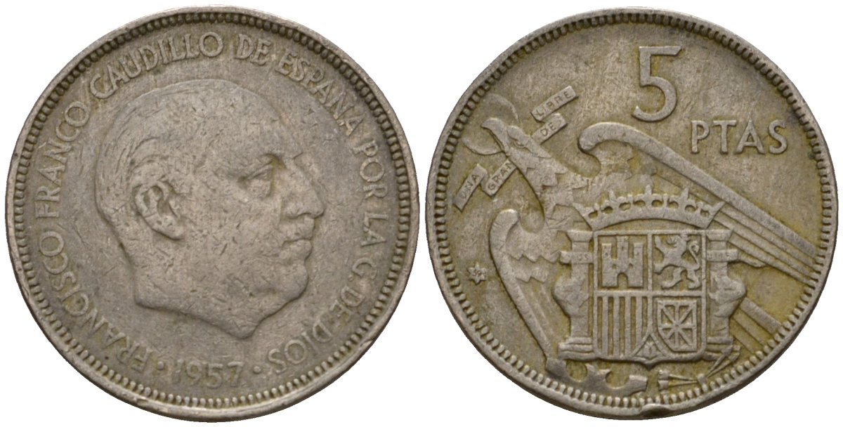 Испания 5 песет 1957 (60) Франсиско Франко (1939-1975) KM 786 медно-никель 186-442