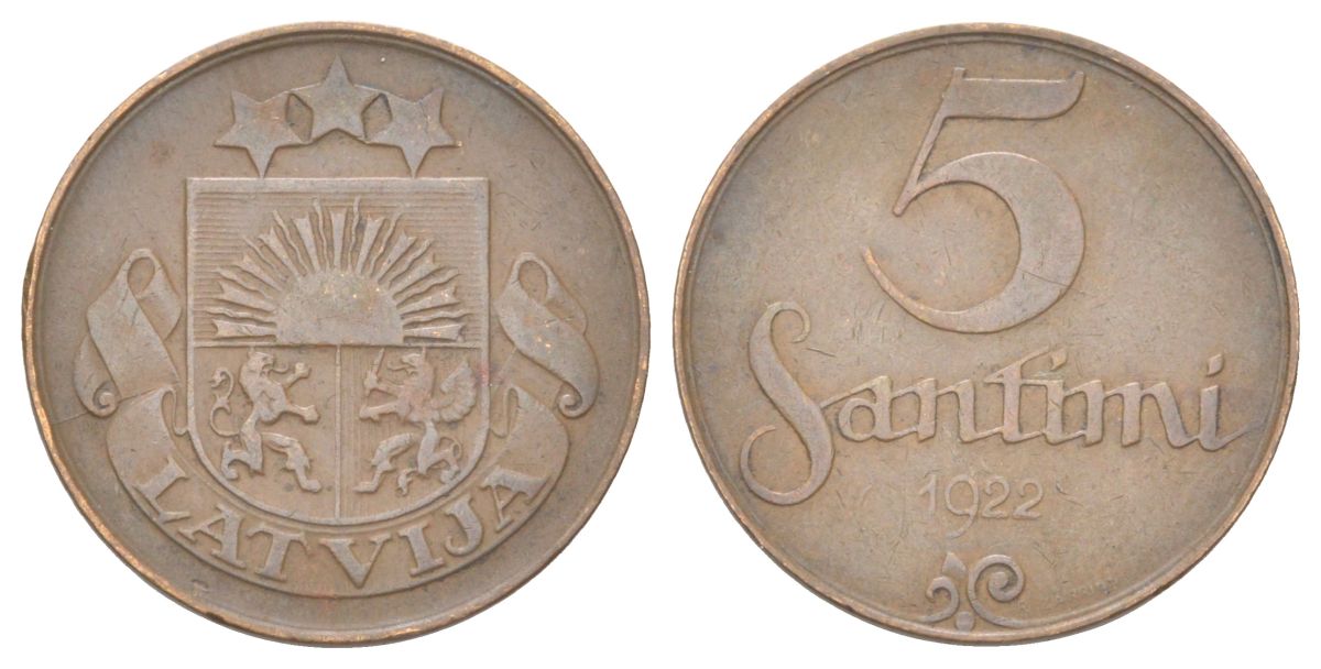 Латвия 5 сантимов 1922 KM 3 бронза 4625-542