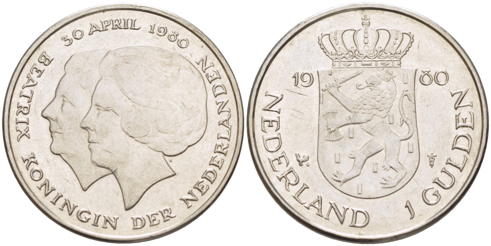 Нидерланды 1 гульден 1980 на коронацию Беатрикс, 30 апреля 1980 KM 200 никель 31-833