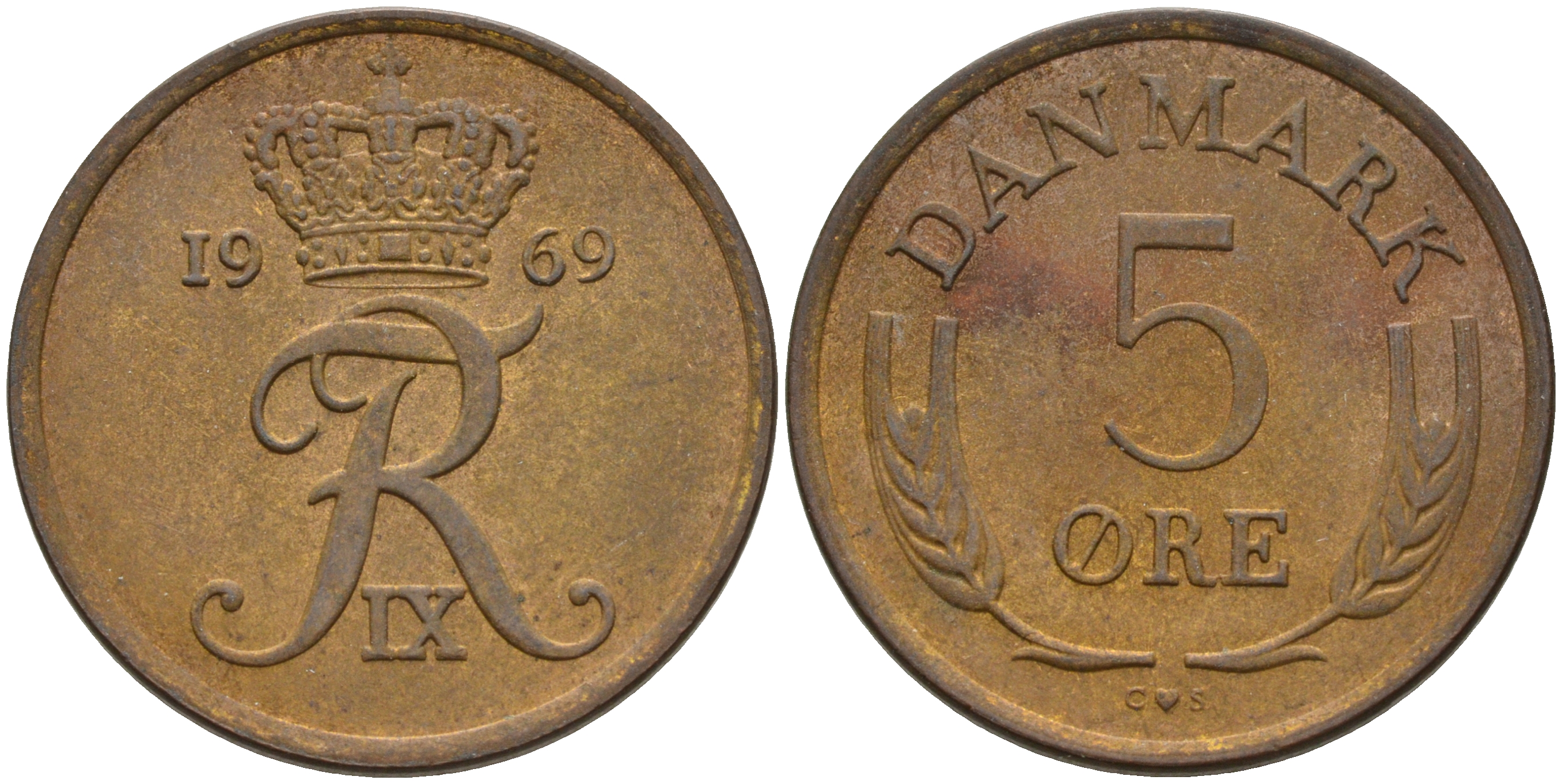 ДАНИЯ 5 ЭРЕ 1969 C; S, ФРЕДЕРИК IX (1947-1972) KM 848.1 бронза 4566-517