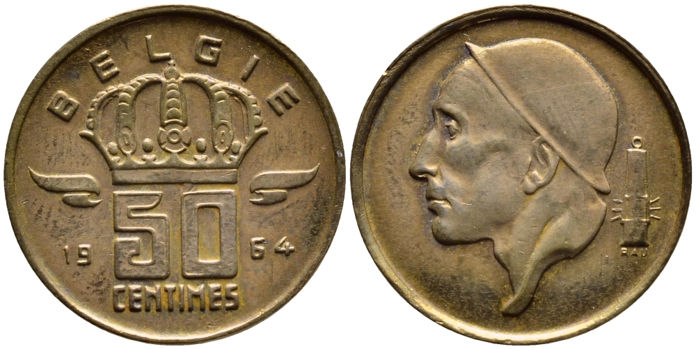 БЕЛЬГИЯ 50 САНТИМОВ 1964 BELGIE KM 149.1 бронза 4392-833