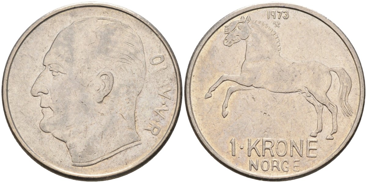 Норвегия 1 крона 1973 лошадь, Улаф V (1958-1991) KM 409 медно-никель 4561-327