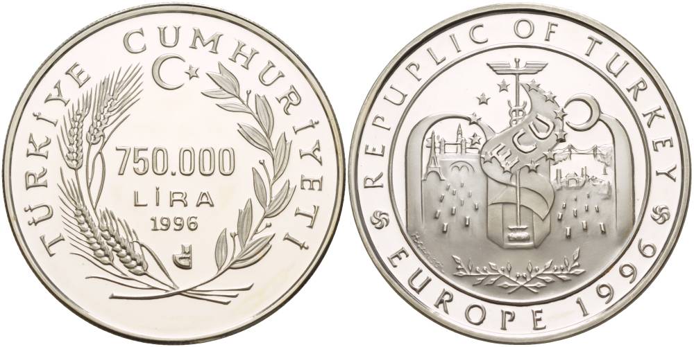 Турция 750000 лир 1996 экю, Европа 1996 KM 1046 серебро PROOF 1088-10-12