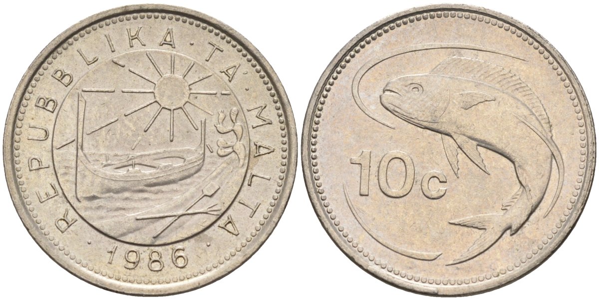 Мальта 10 центов 1986 золотая макрель KM 76 медно-никель 4588-148