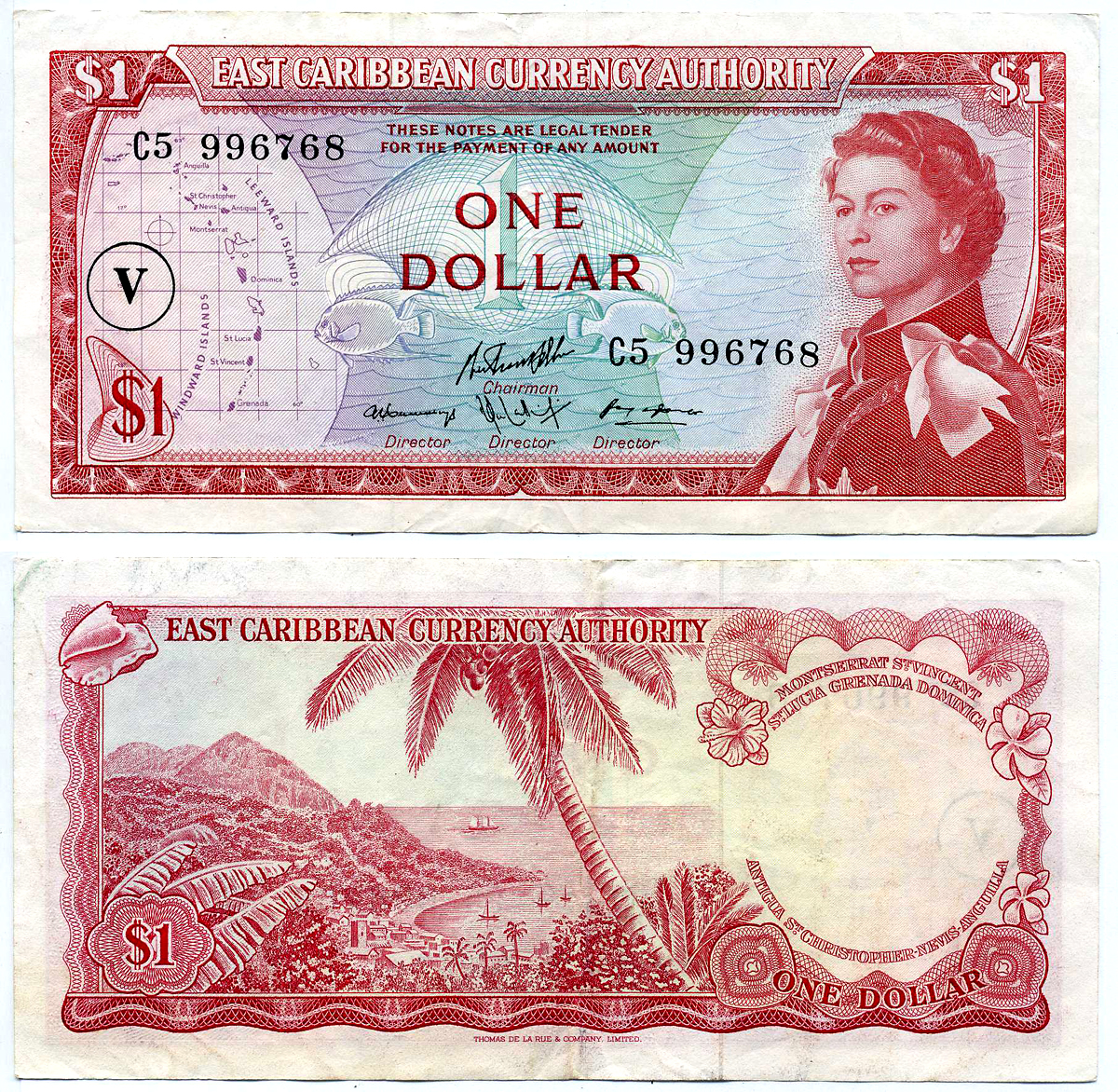 Восточно-Карибские штаты 1 доллар 1965 Британская администрация, подпись 10, серия С5, В КРУГЕ буква "V" (СЕНТ ВИНСЕНТ И ГРЕНАДИНЫ) Pick 13o бумага VF-XF 2197-30-2-1