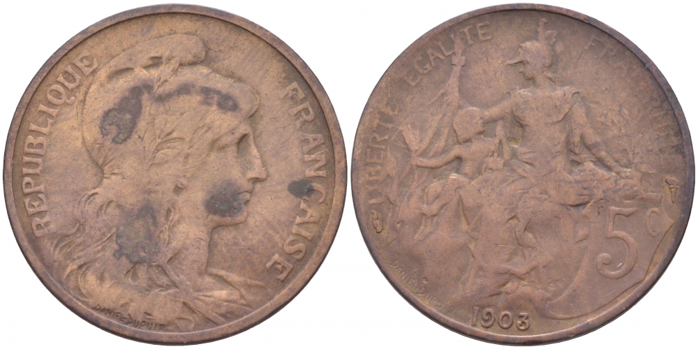 ФРАНЦИЯ 5 САНТИМОВ 1903 ТИП ДАНИЭЛЬ ДЮПЮИ KM 842, LE FRANC 119.13 бронза 4448-157