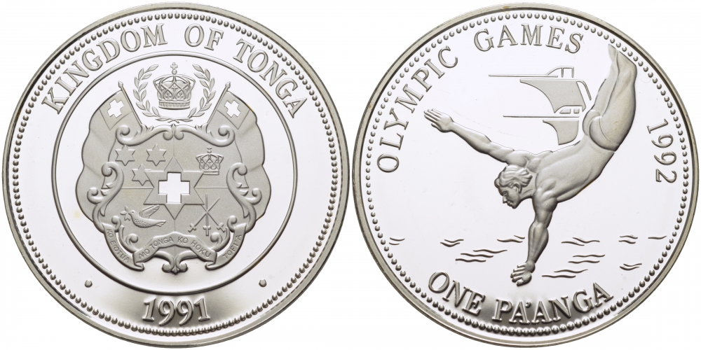 Тонга 1 паанга 1991 XXV летние Олимпийские игры в Барселоне 1992 года, прыжки с трамплина в воду KM 140 серебро PROOF 1077-8-24