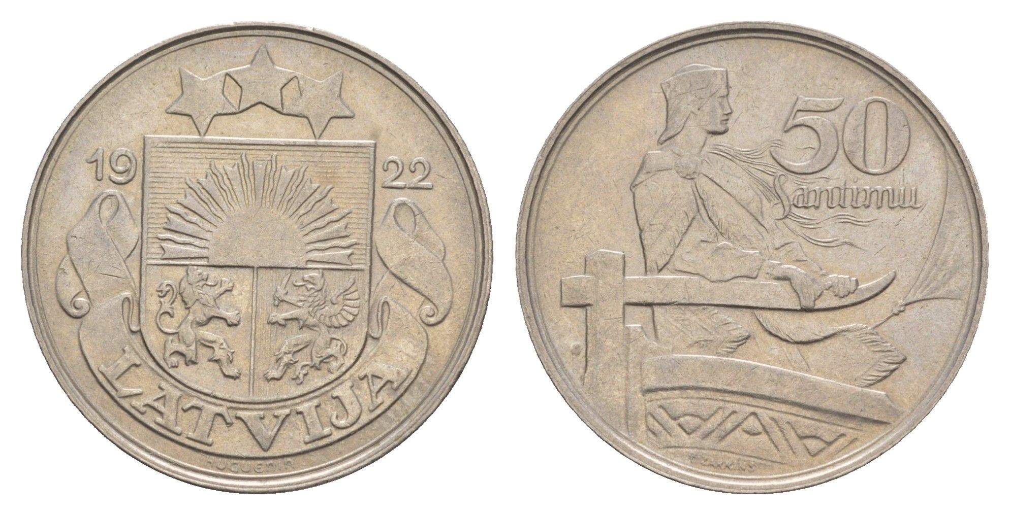 Латвия 50 сантимов 1922 год-тип KM 6 никель 4657-755