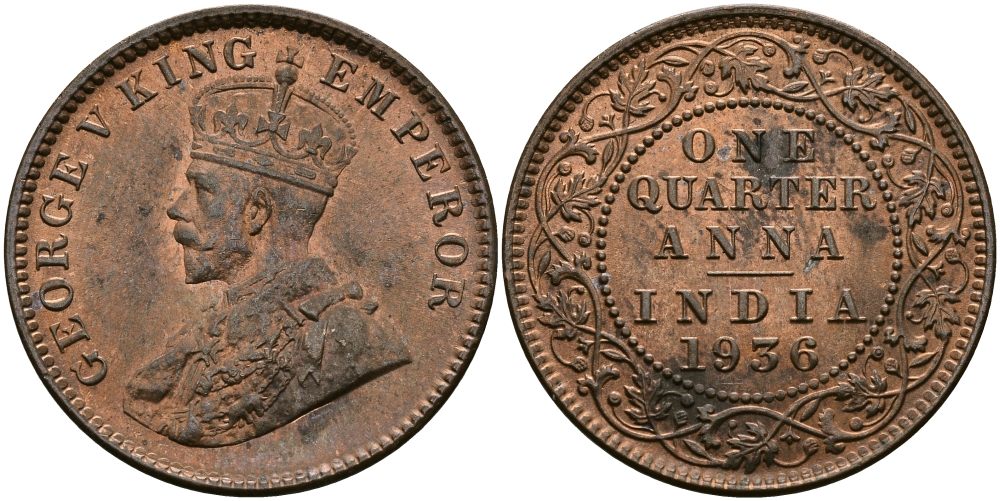Британская Индия 1/4 анна 1936 Георг V (1910-1936) KM 512 бронза UNC 94-254
