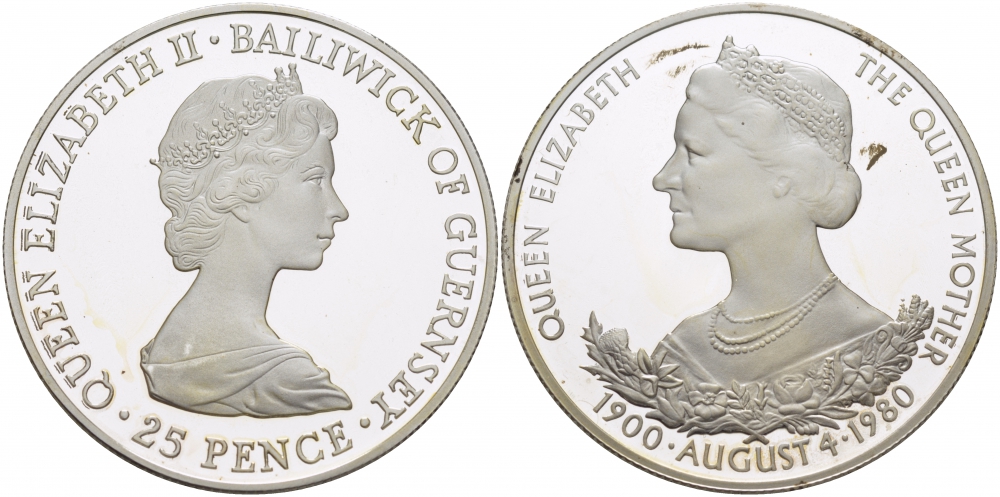 Гернси 25 пенсов 1980 80 лет Королеве Елизавете (королеве матери) KM 35a серебро PROOF 11-176-41