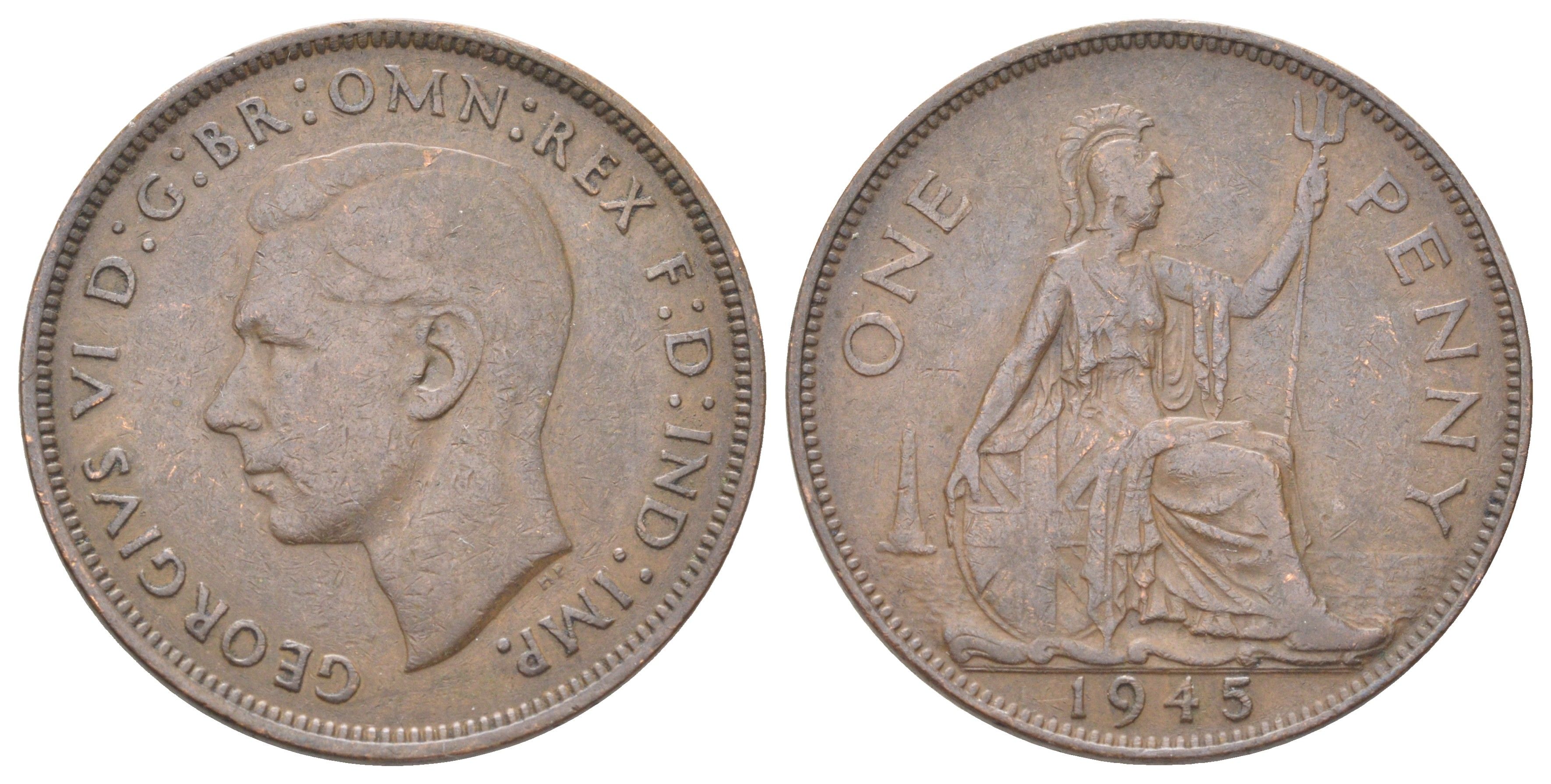 Великобритания 1 пенни 1945 Георг VI (1936-1952) KM 845, Spink 4114 бронза 4185-511