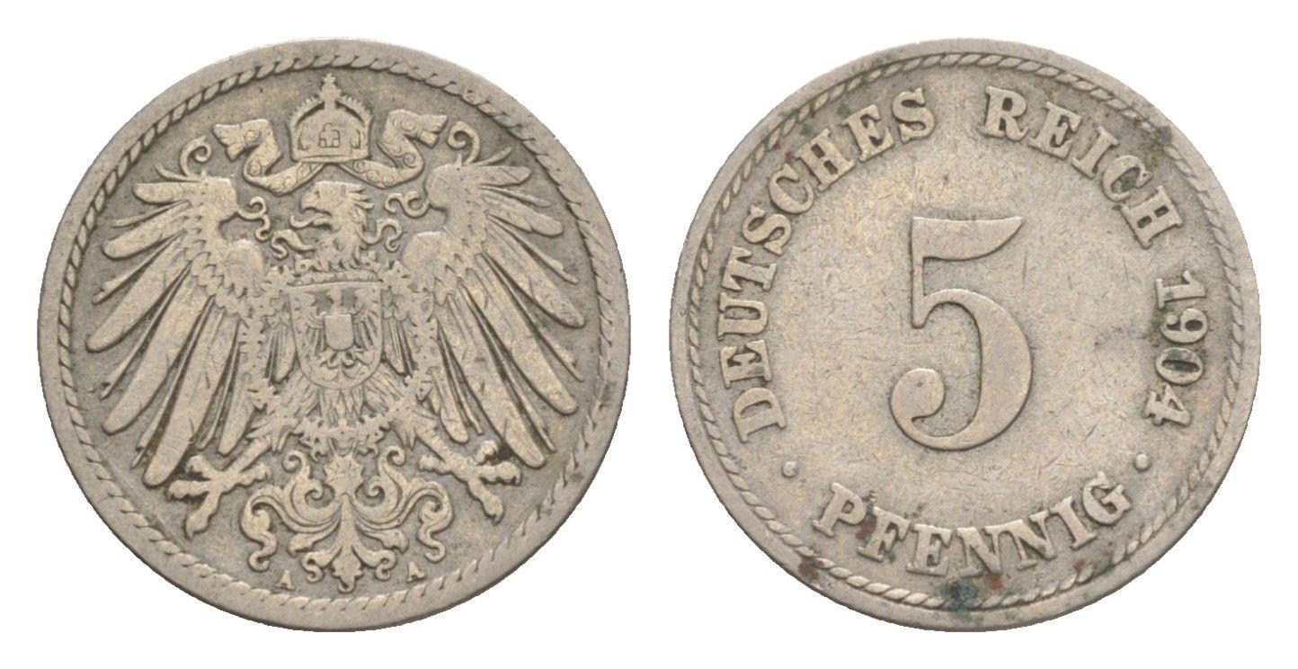 Германия 5 пфеннигов 1904 A, Вильгельм II (1888-1918) KM 11, J. 12 медно-никель 4640-116