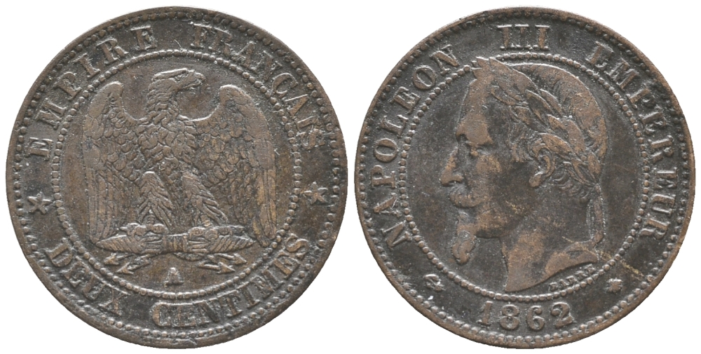 ФРАНЦИЯ 2 САНТИМА 1862 А, НАПОЛЕОН III (1852-1870) KM 796.4 бронза 100-1121