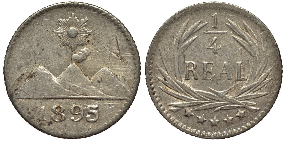 Гватемала 1/4 реала 1895 5 звезд, Испанское правление KM 162 серебро 4549-627