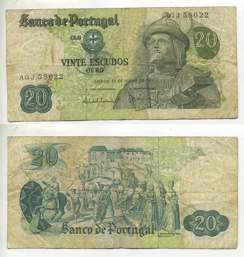 ПОРТУГАЛИЯ 20 ЭСКУДО 1971 27 ИЮЛЯ 1971, ГАРСИЯ ДЕ ОРТА, 16 ВЕК РЫНОК НА ГОА Pick 173 бумага 7552-35-1