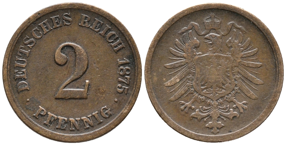 ГЕРМАНИЯ 2 ПФЕННИГА 1875 G, СТАРОГЕРБОВКА KM 2, J.2 медь 34-914