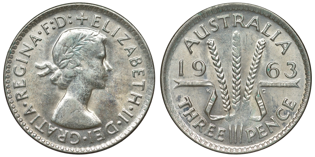 Австралия 3 пенса 1963 m, Елизавета II (1952-2022) KM 57 серебро 71-915