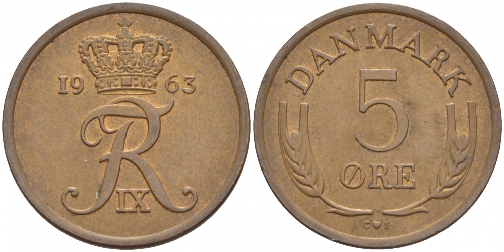 ДАНИЯ 5 ЭРЕ 1963 C; S, ФРЕДЕРИК IX (1947-1972) KM 848.1 бронза 87-1417