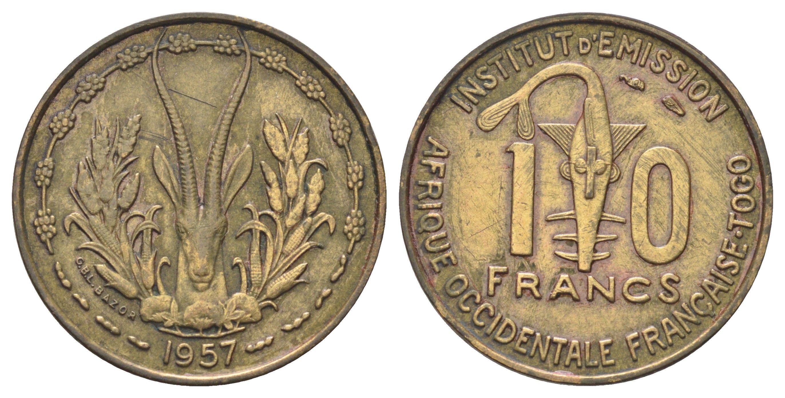 Французская Западная Африка 10 франков 1957 год-тип KM 8 медь алюминий 4700-916