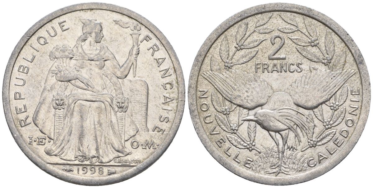 Французская Новая Каледония 2 франка 1998 птица кагу, (IEOM) KM 14, Schoen 11, Lec 68c алюминий    25-523